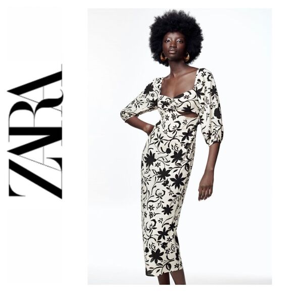 NWT Zara Blogger’s Favorite Linen Floral Gathered Short Puff Sleeves Midi Dress - Picture 1 of 16
